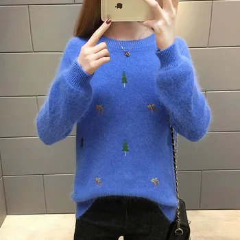 

Women Knit Embroidery Sweater Winter Large size Pullover 2018 New Korean Round Neck Pullover Loose Women Knitted Sweaters NO598