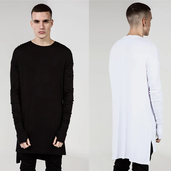 2016 Nouveau Homme High Low Side Split Hip Hop Top Tee T chemise Pouce Trou Poignets