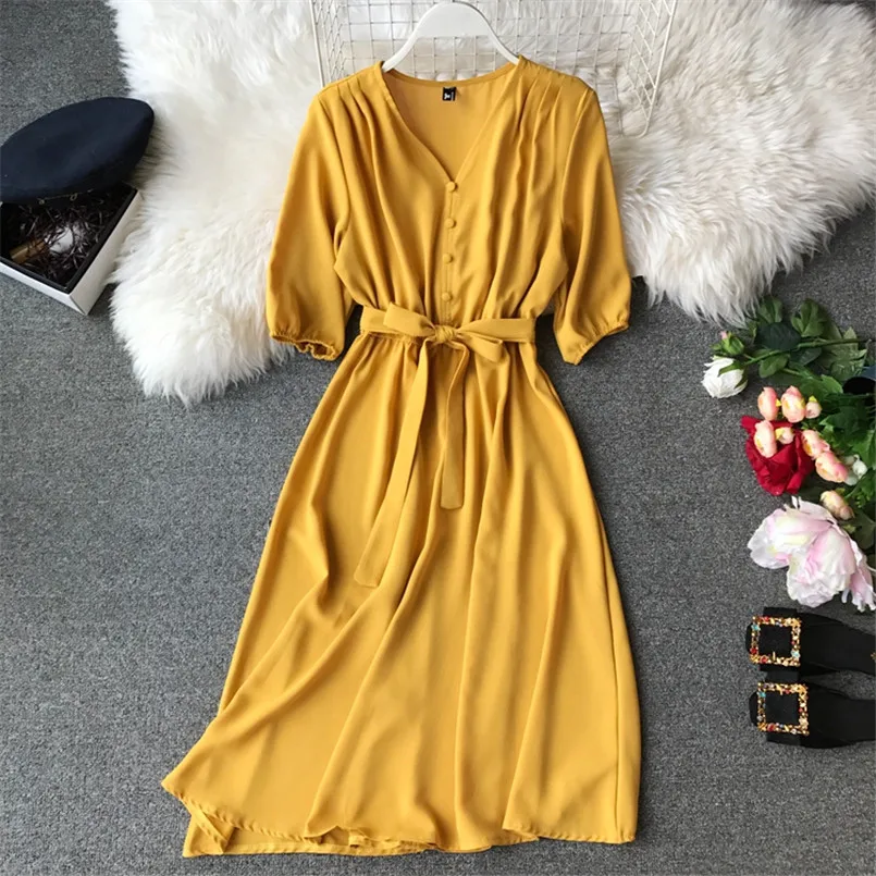 2020 Spring V Neck Summer Bandage Midi Long Dress Vestido De Festa Party tunic dress Women Casual Elegant High Waist Vestidos