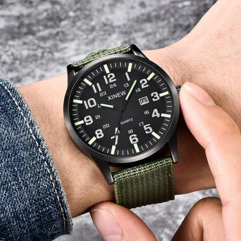 

2019 XINEW Fashion Men Sport Watch Round Dial Nylon Strap Band Military Date Mens Quartz Wrist Watch Clock Gift erkek kol saati