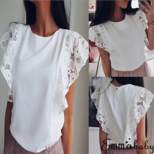 

Fashion Women Summer Chiffon Tank Shirts Tops Short Sleeve Tunic Blouse Shirts Lace Patchwork Shirts