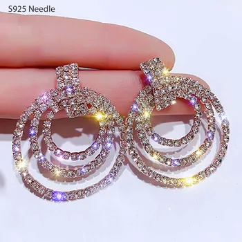 

Real 925 Sterling Silver Needle Stud Earrings for Women Jewelry Round Rhinestone Crystal Wedding Party Rose Gold Female Earrings