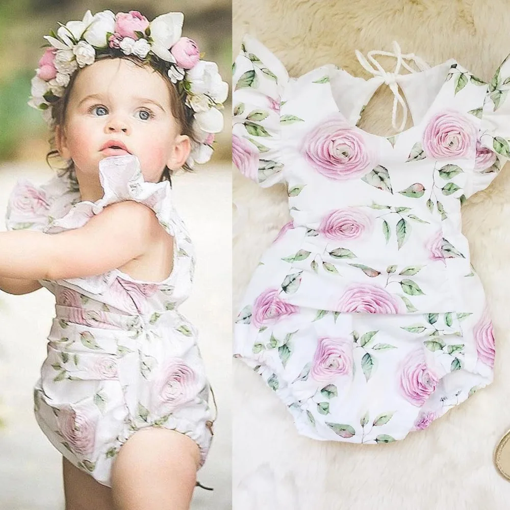 Милый хлопковый комбинезон с цветочным принтом для маленьких девочек, летняя одежда для малышей, боди с цветочным принтом для малышей