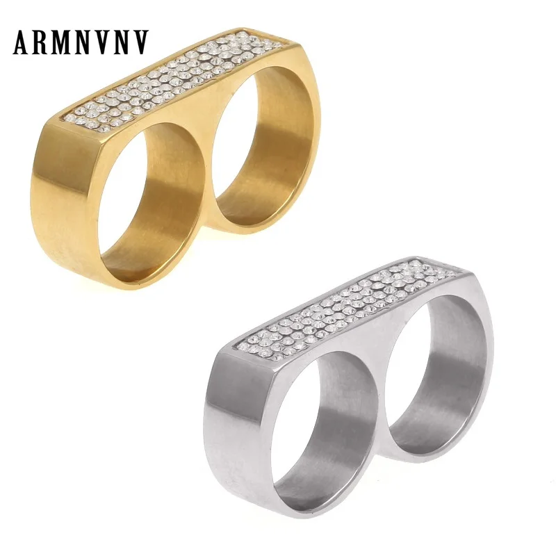 

ARMNVNV 2PCS/LOT Men's Hip Hop Cool Two Finger Iced Bling Rhinestone Stainless Steel Gold Silver Ring Fashion Party Jewelry