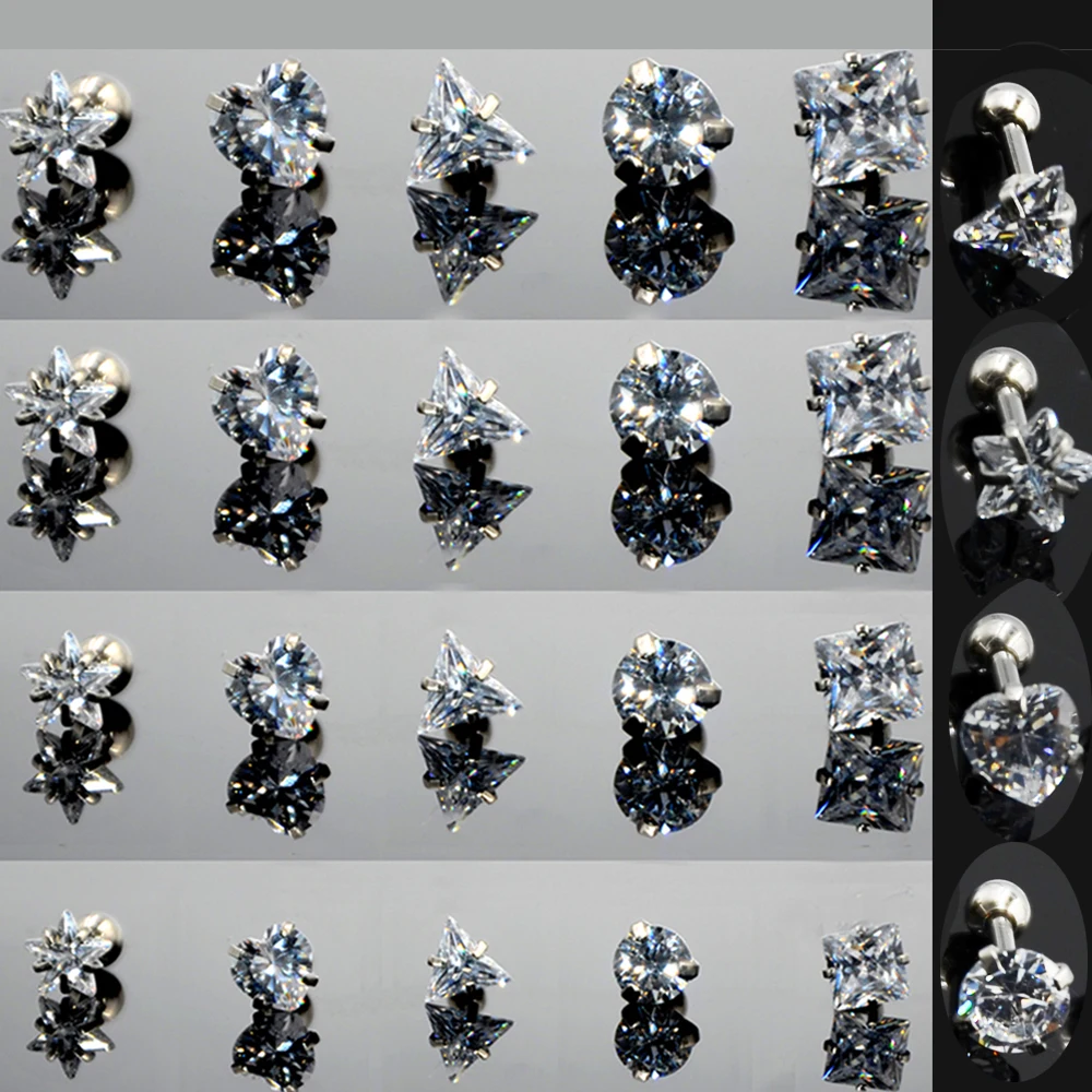 

BOG-1PC Hot Sale 16G Round Star Heart Square Triangle Silver Zircon Gem Ear Tragus Cartilage Earring Body Piercing Jewelry