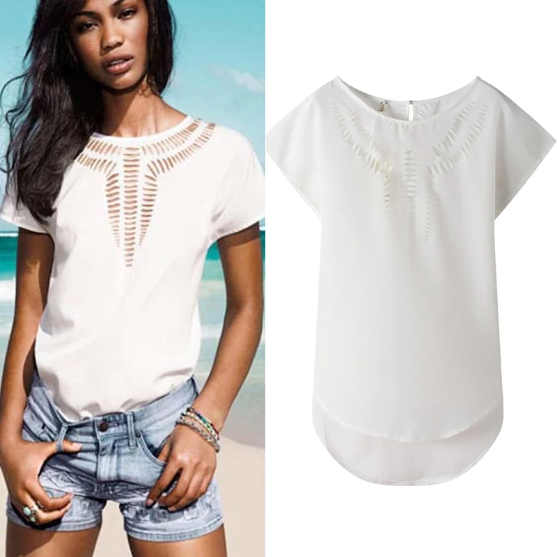 

2019 Fashion Brand Women's blouse Summer sleeveless Chiffon shirt Solid Hollow Out blouse Plus Size 2XL Loose Female Top