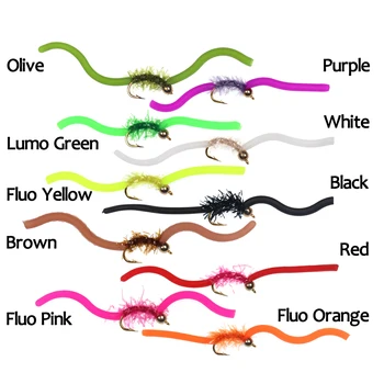 

10PCS Mix Color #10 Brass Bead Head Sanjuan Worms Trout Fishing Squirmy Worms Pink Olive Green with Flasher Body