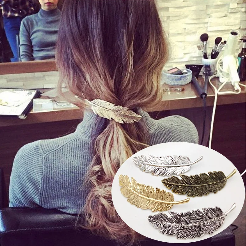 

Pony Tail Hair Best Selling Jewelry Retro Exaggerated Metal Feather Hairpin Tree Leaf Clip Spring Ponytail Clip Card