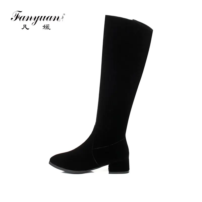 

Fanyuan Fashion Winter Women Knee-High Boots Elegant Pointed Toe Flat Zipper Boots Ladies Shoes Dating leisure Black Boots