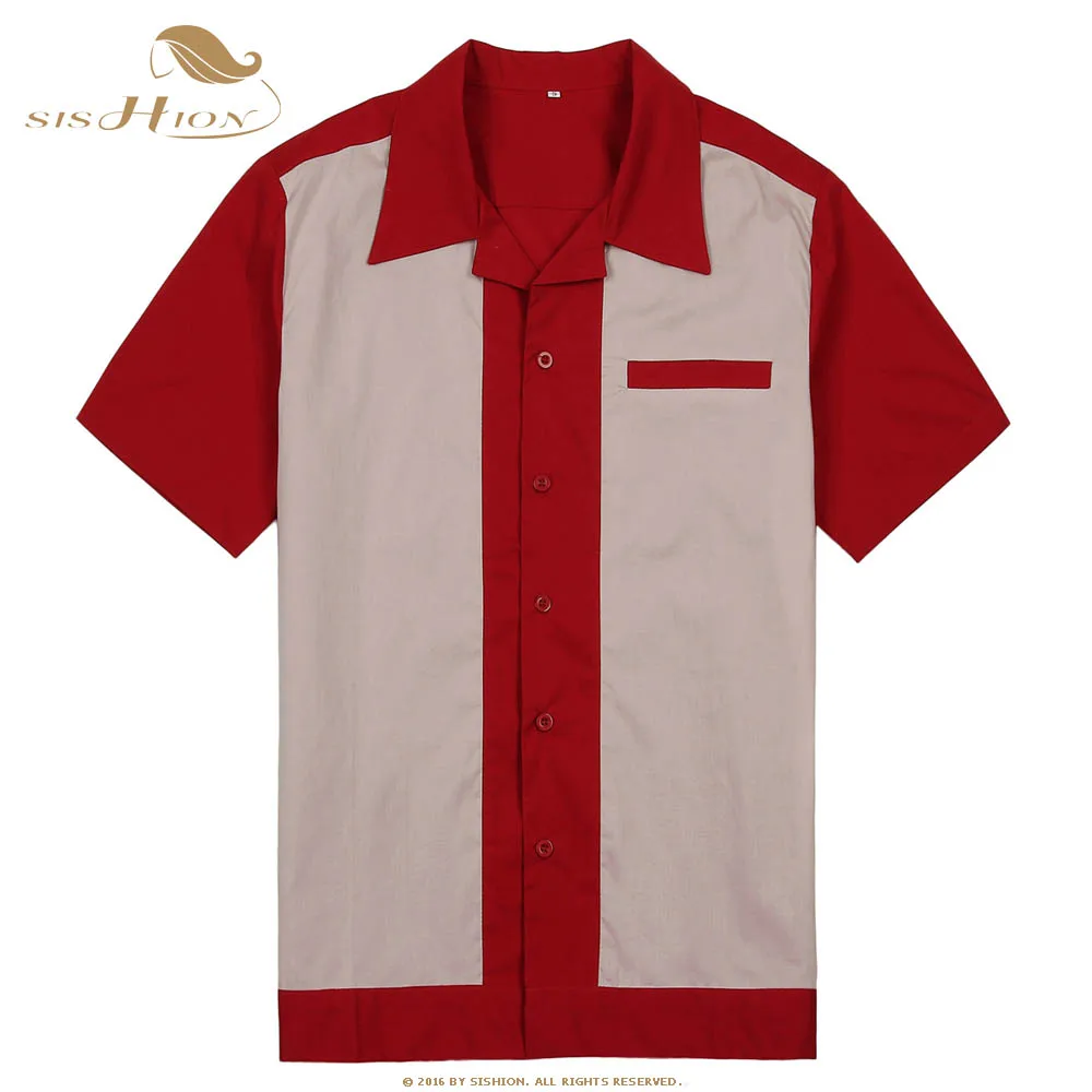 SISHION, мужская рубашка для боулинга, ST111, короткий рукав, белый, красный, синий, в стиле середины века, в винтажном стиле, мужская рубашка, camisa masculina - Цвет: Красный