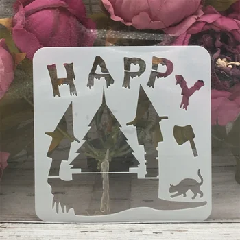

13*13cm Happy Magic Castle Cat Halloween DIY Layering Stencils Painting Scrapbook Coloring Embossing Album Decorative Template