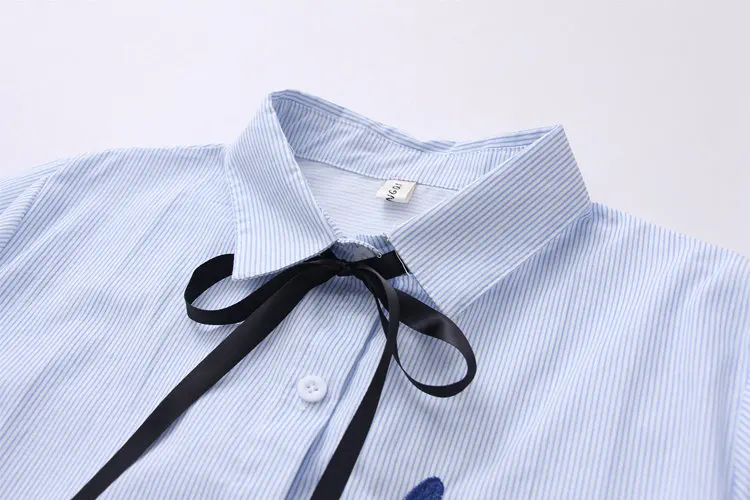 2019 Autumn Striped Tops Ladies Cute Soldier Embroidery Shirts Blouses Women Casual Bow Long Sleeve Blusas Mujer Chemise Femme (9)