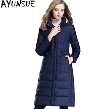 AYUNSUE 90% белый утиный пуховик для женщин, зимние толстые теплые куртки с капюшоном, длинные тонкие женские пальто, парка, верхняя одежда P818