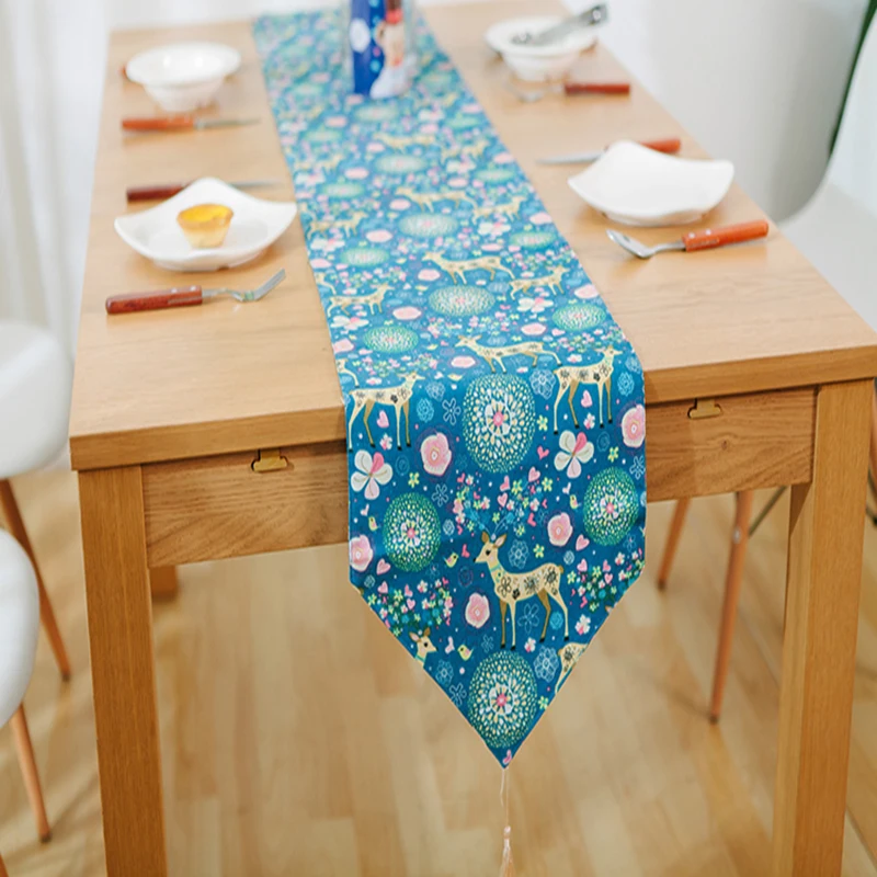 Buy Cotton/Linen Table Runner Blue Printed Table