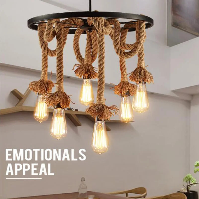 

American retro wrought iron hemp rope pendant lights round Wheel iron ceiling lamp E27 with Edison Bulbs for Cafe restaurant bar