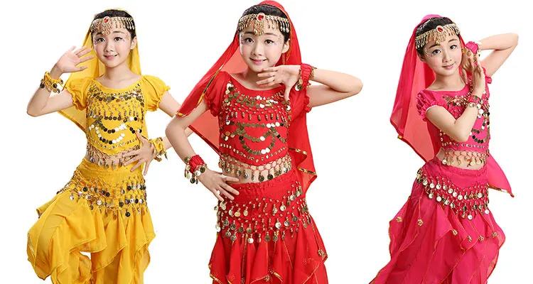 Дети ребенок танец живота костюм костюмы для восточных танцев Золотая монета костюм с пайетками Индийские танцы Болливуд костюмы для