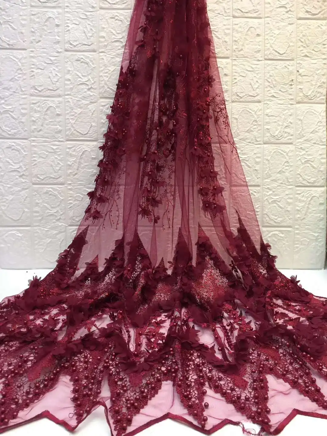 Billige NEUE spitze stoff afrikanische spitze stoff hohe qualität Perlen Französisch Spitze Stoff Nigerian spitze stoff 3D Spitze 5 yards pro lot ZXW 129