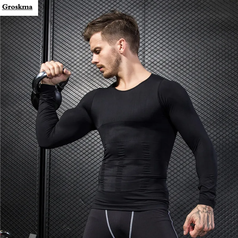 

Hot sale seamless long sleeve men body shaper t shirt sports training tights mens fitness gym tops clothing tee shirt homme