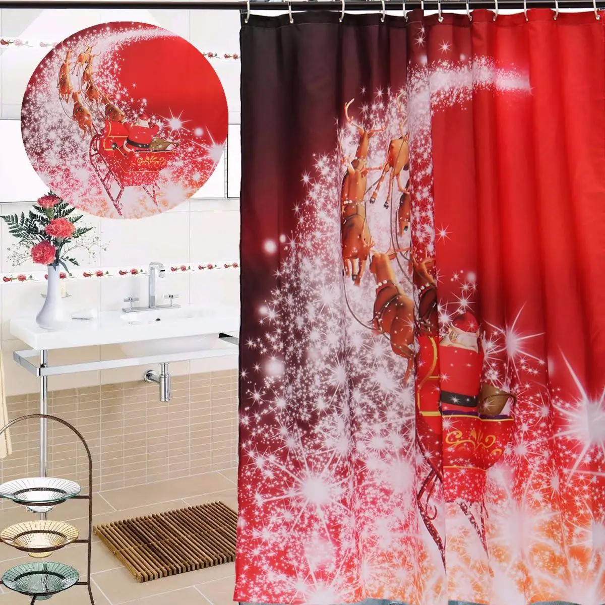 

Merry Christmas Decor For Home 3D Santa Claus Waterproof Shower Curtain Bathroom Decor with 12 Hooks Christmas Gift