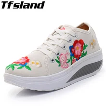 Осень Обувь для танцев Для женщин вышивка повышенная платформа парусиновая обувь дышащие кеды, кроссовки на каждый день zapatos mujer