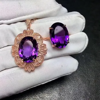 

Fidelity Natural 12*16mm purple crystal s925 sterling silver ring Pendant fine jewelry sets for women party natural gemstone