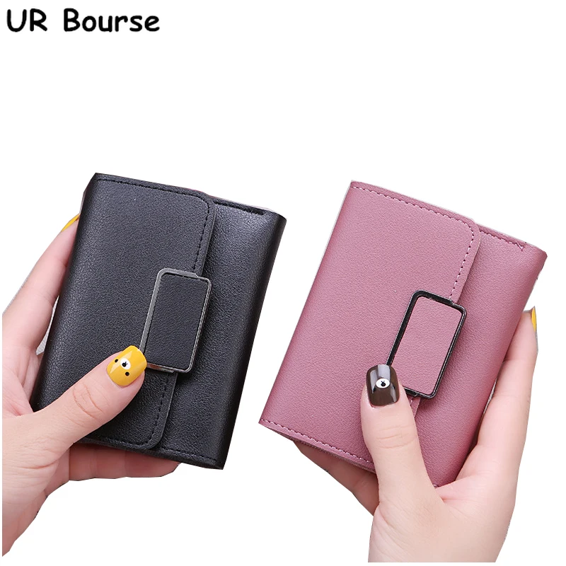 

UR BOURSE New Women's Short Simple Square Wallet Ladies Solid Color Three Fold Wallet Female Pu Leather Coin Purse Card Wallet