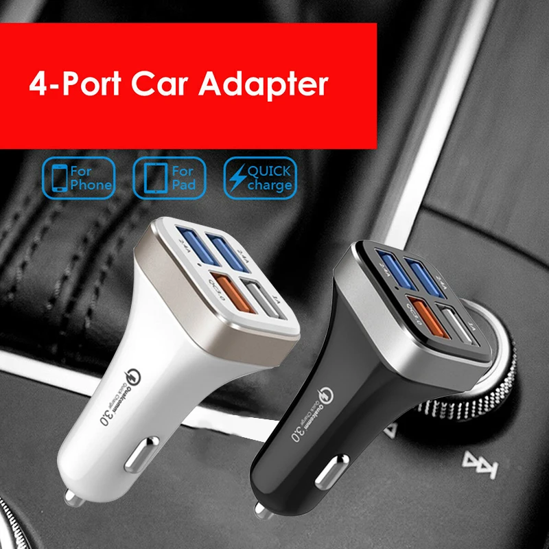 

High Quality Car Charger For Mobile Phone QC3.0 Quick Charge 4 Port USB Fast Car Charger Adapter For Smart Phone White Black
