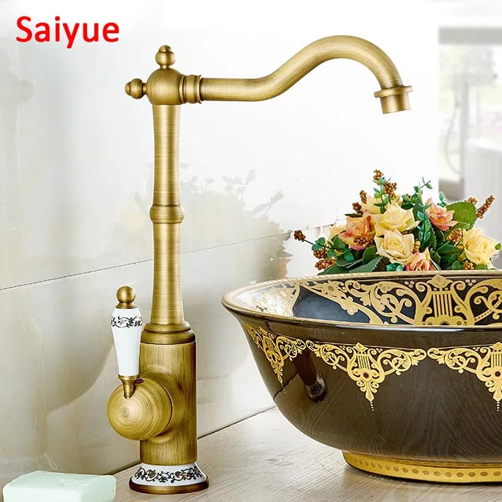 

New 360 degree Swivel Blue and white porcelain hand mixer Vintage Style antique faucet tall brass finish bathroom washbasin tap