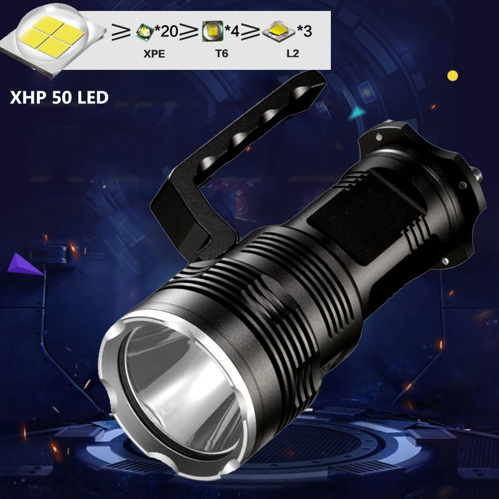 Мощный XHP50 светодиодный тактический фонарь 4x18650 перезаряжаемый фонарь с прямой зарядкой для кемпинга