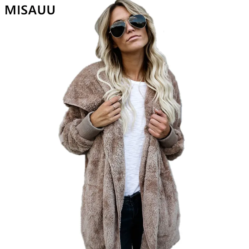

S-5XL Women Solid Color Coat Soft Fleece Winter Autumn Warm Jacket Hooded Overcoat Female Fashion Casual Outwear Coat Plus Size