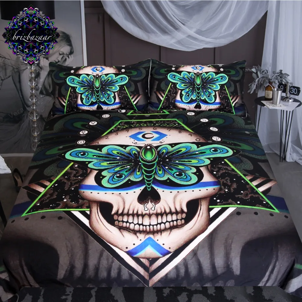 Us 29 9 40 Off Prophecies By Brizbazaar Bedding Set Gothic Skull Duvet Cover Green Butterfly Bed Set 3 Piece Geometric Abstract Art Bedclothes In