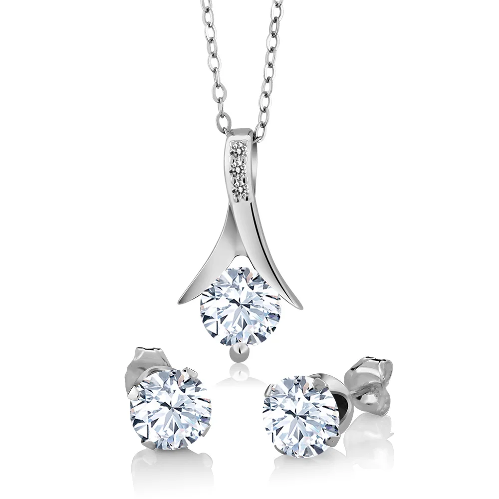 

925 Sterling Silver White Created Sapphire and White Diamond Pendant Earrings Set 3.65 Ct with 18 Inch Silver Chain