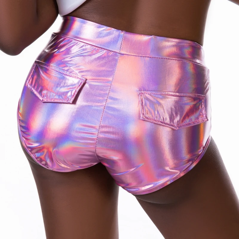 

Shiny Sexy Holographic Shorts with Pockets Night Club Laser Metallic Wet Look Booty Shorts Party Raves Festival Slim Shorts