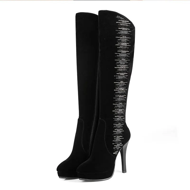 

2015 New Spring/Autumn comfortable and fashion boots round toe high heeled boots solid color rhinestone knee-high boots D3605