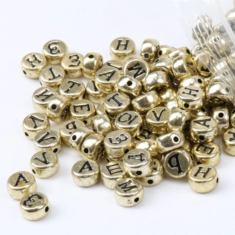 

Accessories Diy 400PCs Flat Round acrylic Spacer Beads Mixed Russian Alphabet/Letter Gold Beads 7x4mm