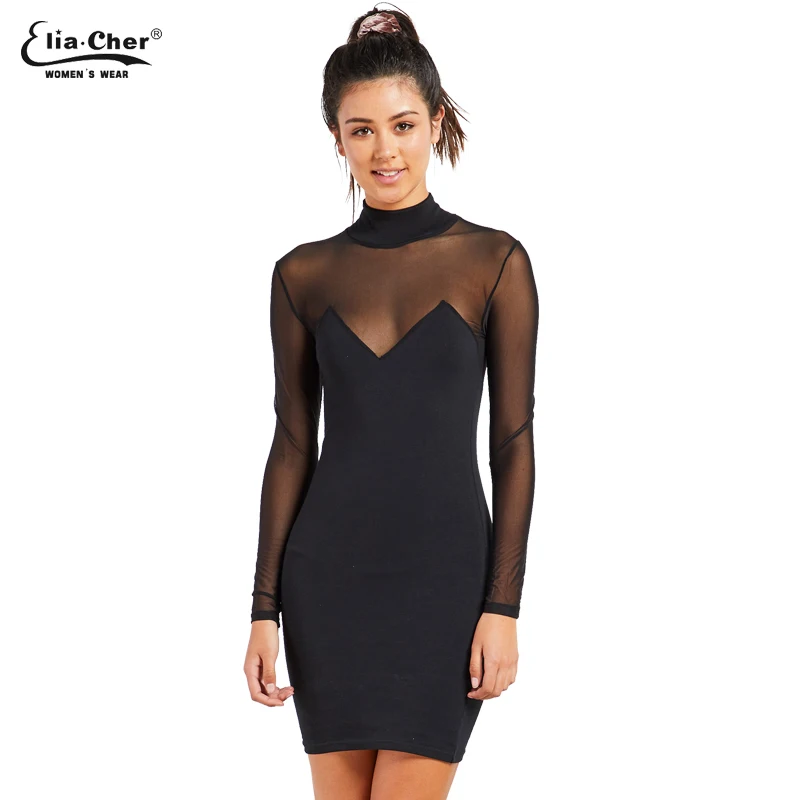 Women Bodycon autumn Dress Eliacher Brand full sleeve solid color Chic elegant sexy Semi - perspective Mini Dresses 9024 | Женская