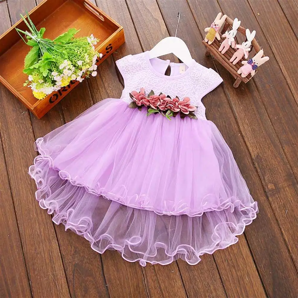 Цветок Платье для первого дня рождения летние детские Детские наряды принцессы Сетчатое платье трапециевидной формы Одежда для новорожденных Детские праздничные костюмы для девочек - Цвет: Purple
