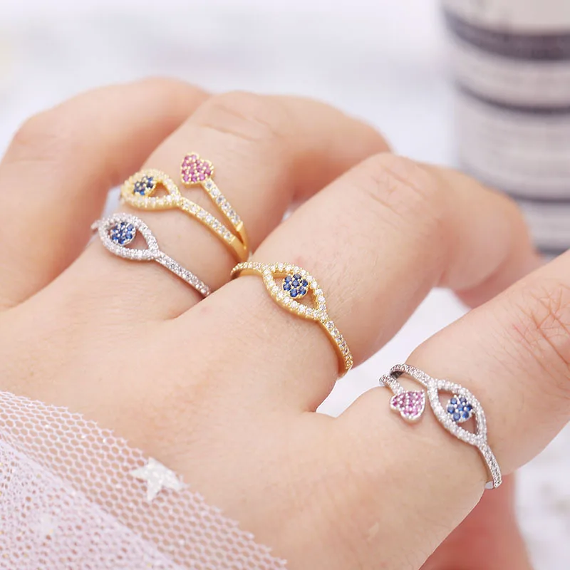 

Blue Evil Eye Cubic Zirconia Ring Women Girls Hamsa Jewelry Gold/Silver Color Heart Ring Gifts