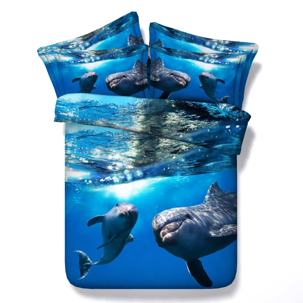 blue bedspread 3d fish dolphin duvet cover 3/4 pcs undersea bedding