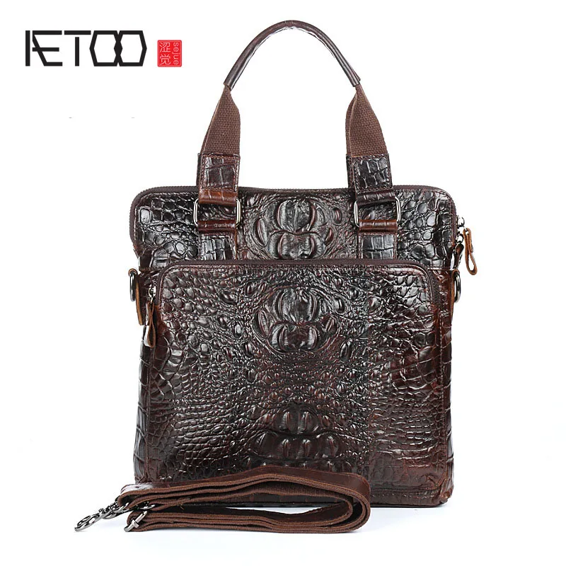 

AETOO Male leather crocodile pattern vertical of the handbag business oblique cross leather briefcase fashion package