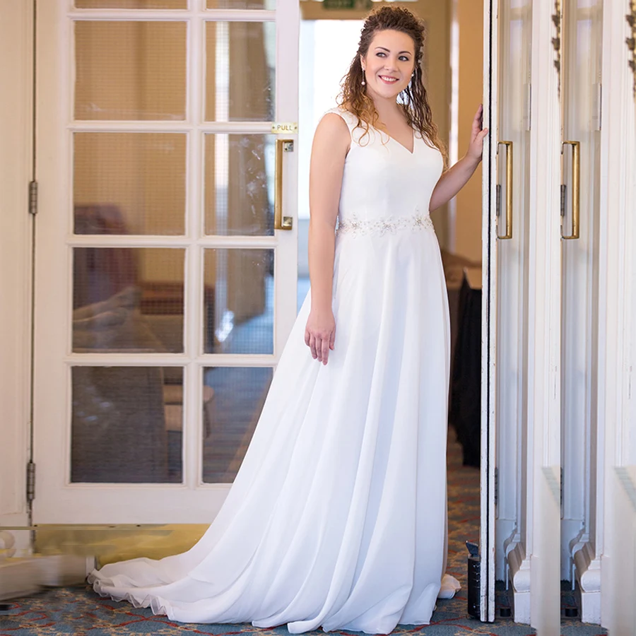 

2019 Plus Size Wedding Dress V-neck Beading Applique Chiffon Beach Bride Dresses Wedding Gowns Robe De Mariage Custom