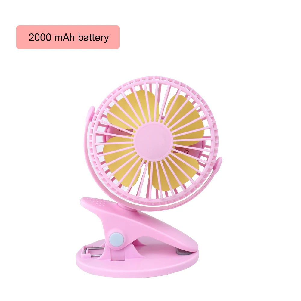 Настольный мини-вентилятор, перезаряжаемый через USB, вентилятор с зажимом, с аккумулятором 1200/2000 мАч, регулируемый вентилятор охлаждения на 360 градусов для прогулочной коляски, офиса, улицы - Цвет: 2000mAh battery pink