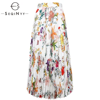 

SEQINYY Fashion Skirt 2019 Summer Spring New High Quality Women Colorful Flowers Printed Long Pleated Skirt
