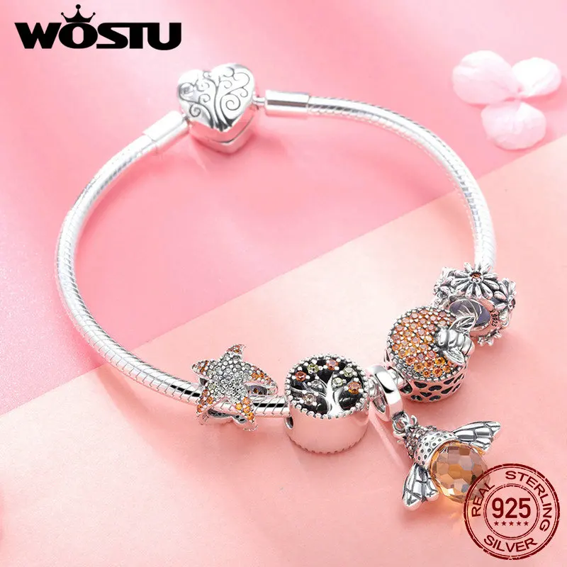 WOSTU,, настоящее 925 пробы, серебряный, Пчела и Маргаритка, желтый, стильный браслет для женщин, S925 Серебряные Ювелирные бусинки, подарок, FIB805