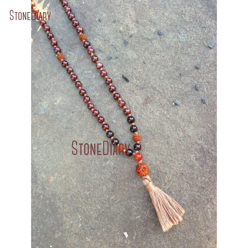 20180312-NM10981-Hand knotted Garnet & Rudraksha 108 Bead Mala black tourmaline gemstone January birthstone love red meditation yoga prayer beads