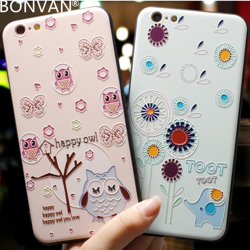 

BONVAN 3D Emboss Case For iPhone 6 6s 7 8 Plus Soft Silicone Floral Painted Relief Back Cover For iPhone X 5 5s SE Coupe Casing