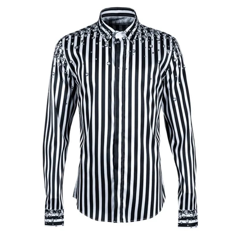 striped Новая мода для мужчин, с кристаллами 3D повседневные рубашки с рисунком уличная Полосатый с длинным рукавом весна футболка офисные человек одежда - Цвет: striped