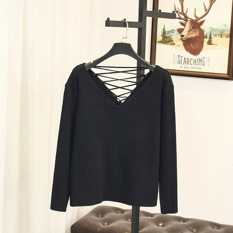 Backless Sweater Women Pullovers Plus Size High Street Solid Long Sleeve Slim Knitted Sweater Gray Black SWM1229 Backless Sweater Women Pullovers Plus Size High Street Solid Long Sleeve Slim Knitted Sweater Gray Black SWM1229