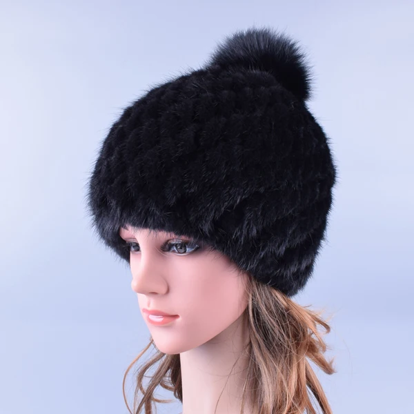 Raglaido шапки для женщин меховые Mink Fur Hat pompom caps Помпон Настоящее Норки Меховые Шапки для Женщин С Лисой Меха Помпонами Вязаная Зимняя Шапочки Cap Сгущает Марка Cap LQ11192 - Цвет: Черный