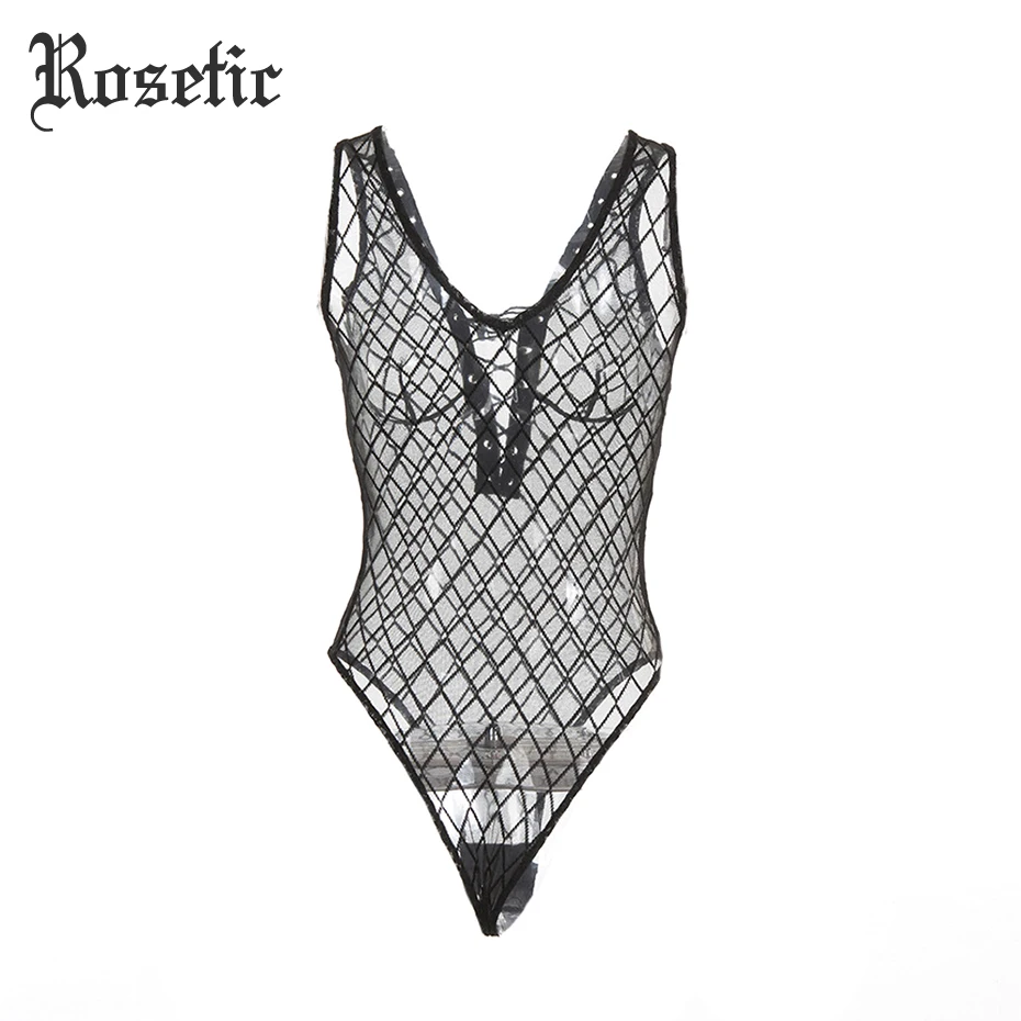 Rosetic Gothic Black Bodysuits Deep V-Neck Hollow Mesh See-Through Patchwork Lace-Up Fishnet Shorts Skinny Sexy Women Rompers Rosetic Gothic Black Bodysuits Deep V-Neck Hollow Mesh See-Through Patchwork Lace-Up Fishnet Shorts Skinny Sexy Women Rompers